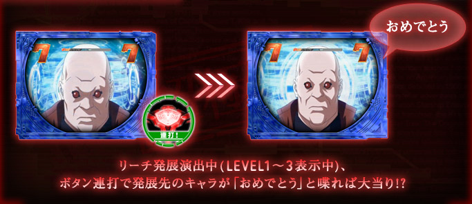 リーチ発展演出中（LEVEL1～3表示中）、ボタン連打で発展先のキャラが「おめでとう」と喋れば大当り!?