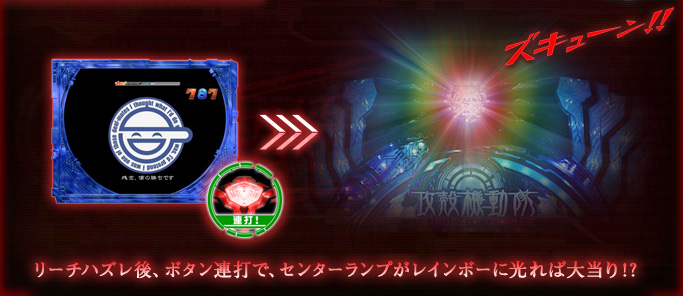 リーチハズレ後、ボタン連打で、センターランプがレインボーに光れば大当り!?